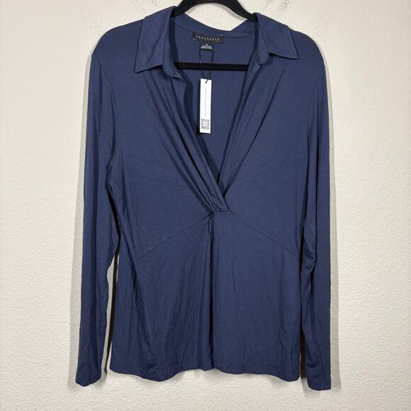 Sanctuary Plus 1X Twisted Front Top Shirt Navy Blue V Neck Long Sleeves Stretch - Picture 2 of 9
